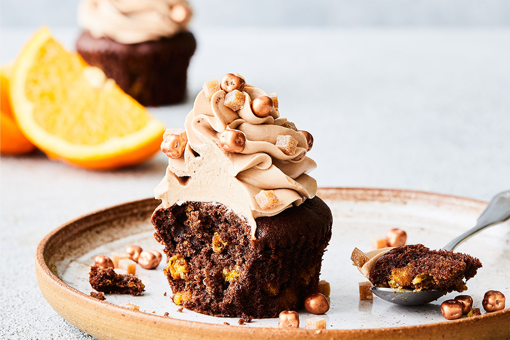 chocolate muffin with crispy orange inclusions